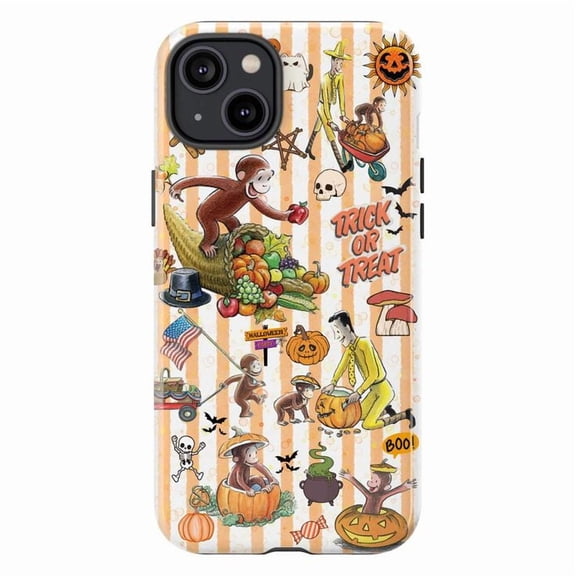 Curious Monkey Halloween Phone Case, Trick or Treat Autumn Theme iPhone Cover, Whimsical Fall Cartoon Protective Case for iPhone 16 15 14 13 12 11 Plus Pro Max Mini
