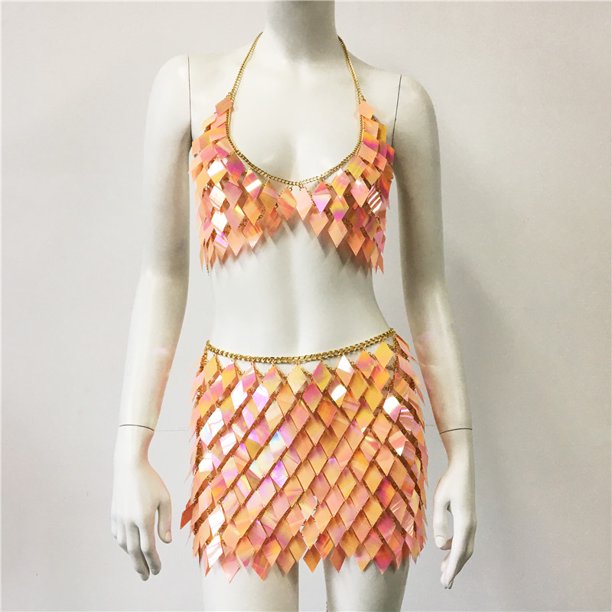 Traje de fiesta con lentejuelas rómbicas para mujer, minifalda Sexy con cadena Halter, vestido de fiesta sin espalda, Tops ahuecados