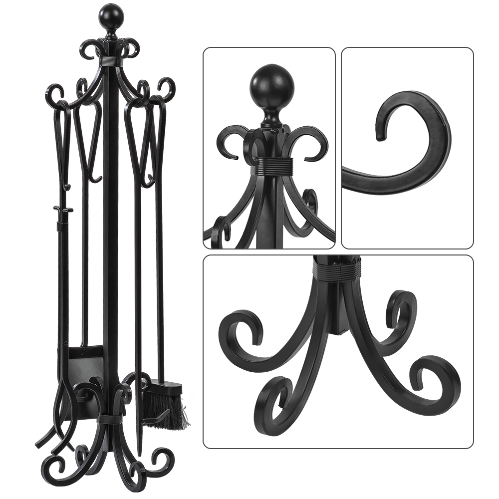 Amagabeli 5 Pieces Scroll Fireplace Tools Cast Iron Indoor Firewood Tools with Log Holder Outdoor Fireset Pit Stand Large Tongs Shovel Antique Broom Chimney Poker Wood Stove Hearth Accessories Black - image 5 of 7