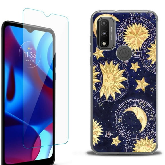 Slim-Fit Fashion Phone Case for Motorola Moto G Pure, with Tempered Glass Screen Protector, by OneToughShield ® - Moon Sun Star