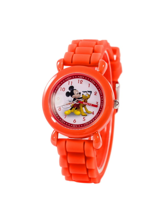 Disney Mickey Mouse Pluto Boys' Red Plastic Time Teacher Watch, 1-Pack