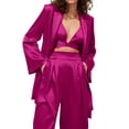 thumbnail image 3 of Sunloudy Trajes de color sólido para mujer, tops de sostén con cuello halter amarrado, abrigo de traje con cinturón de solapa de manga larga, pantalones de pierna recta Sunloudy moda, 3 of 10