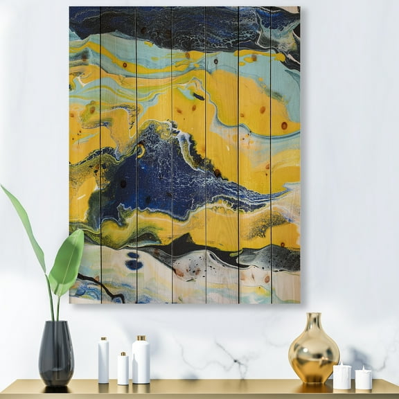 Designart 'Abstract Marble Composition In Blue and Yellow I' Modern Print on Natural Pine Wood