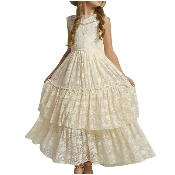 Holloyiver Girl Dresses Kids Ruffles Lace Party Wedding Dresses Children's Sleeveless Dress Princess Dress for 2-12 years