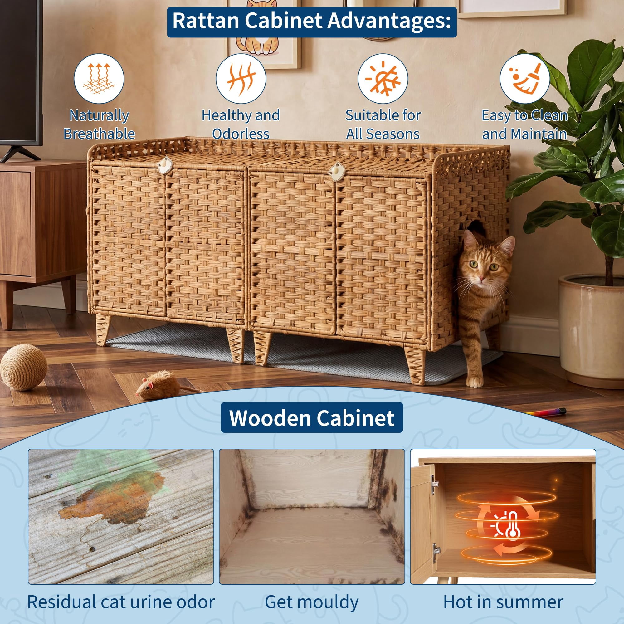 Double Litter Box Enclosure for 2 Cats - Rattan Hidden Cat Furniture with Litter Mat 2 Hooks & Doors, Large Cat House for 2 Litter Boxes, Easy Clean, 47.2" l x 19.7" w x 23.6" h Brown