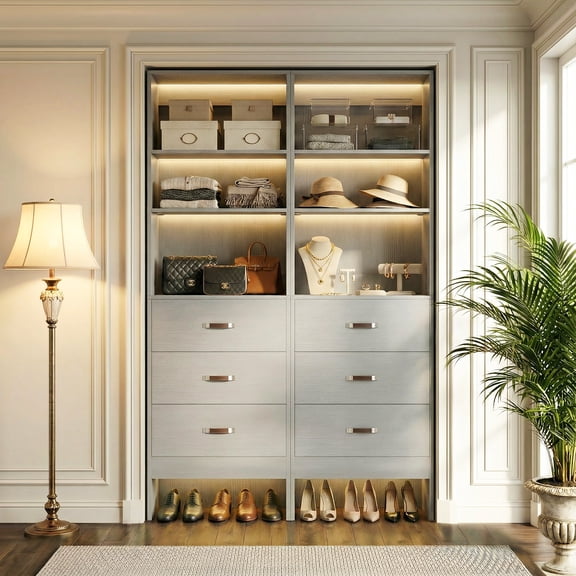 Aheaplus Twin Pack: 2x 96" Adjustable Closet Organizers with 6 Hanging Rods & 6 Wooden Drawers | Wall-Mounted System for Dual Spaces (5-8FT Each),Gray