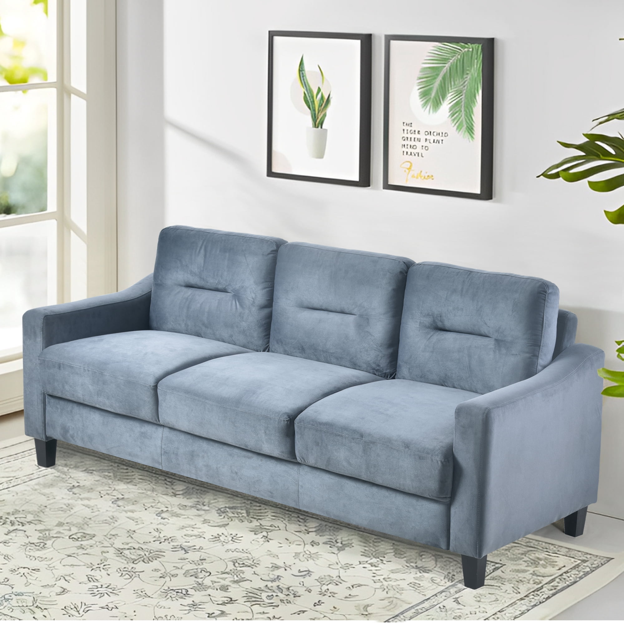 Mitinya Mid Century Modern Velvet Upholstered 3 Seater Couch, Gray