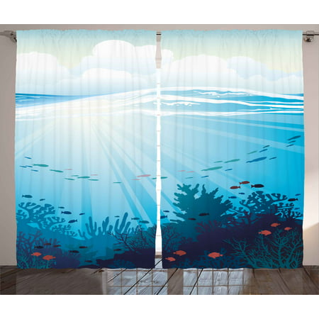 Cartoon Curtains 2 Panels Set, Ocean Design with Fish Aquarium Image Coral Reef Waves Artwork Print, Window Drapes for Living Room Bedroom, 108W X 96L Inches, Teal Turqoise and Blue, by