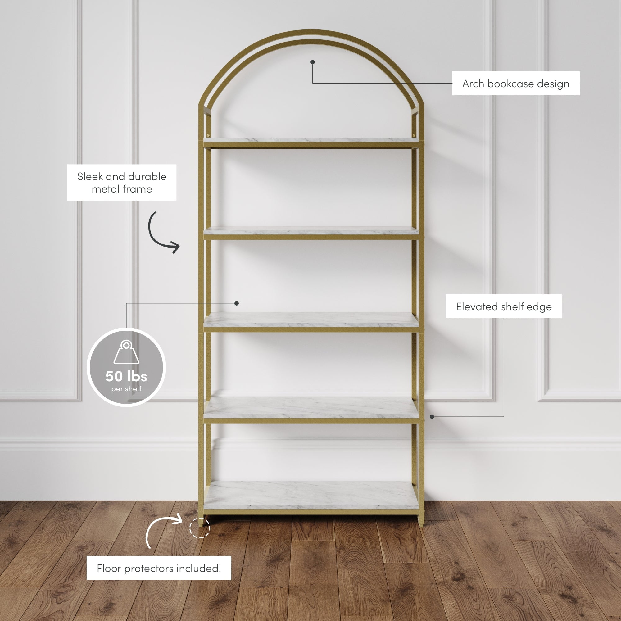 Nathan James Haven Etagere Bookshelf, 5-Shelf Faux Marble Bookcase in White Faux Marble Finish and Gold Metal Frame with Arch Top and Open Shelves, White/Gold