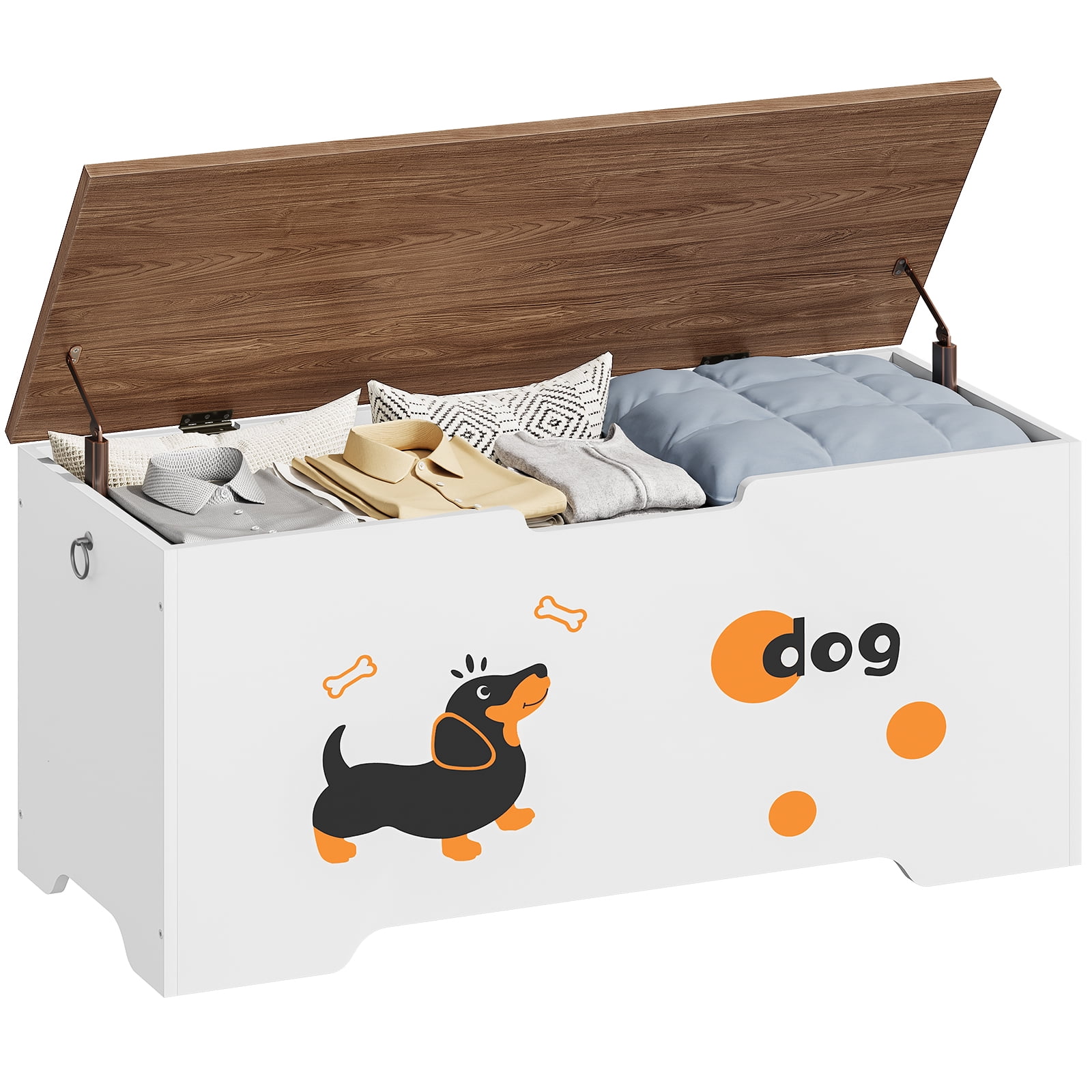 HOOBRO Storage Bench, Toy Box Organizer with Puppy Pattern, Shoe Bench with 2 Safety Hinges,&nbsp;Farmhouse Style, 39.4''L x 15.7''W x 19.5''H for Entryway,White and Walnut WH494CW01