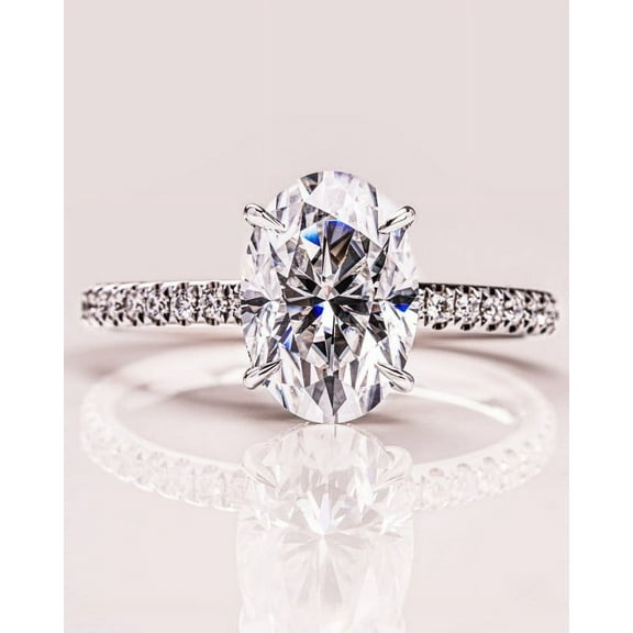 SOLITAIRE JEWELS 3.00CT Oval Cut Solitaire Hidden Halo Pave Setting Moissanite Engagement Ring Solid 10K White Gold