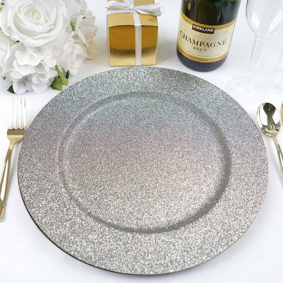 Efavormart Pack of 6 - 13" Round Silver Glitter Acrylic Plastic Charger Plates for Wedding, Outdoor Receptions, Banquets, Holiday Dinner plates Chargers
