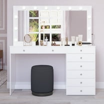 Boahaus Ketevan White Vanity Table with Mirror, Glass Top, Lights & Stool, 8 Drawers