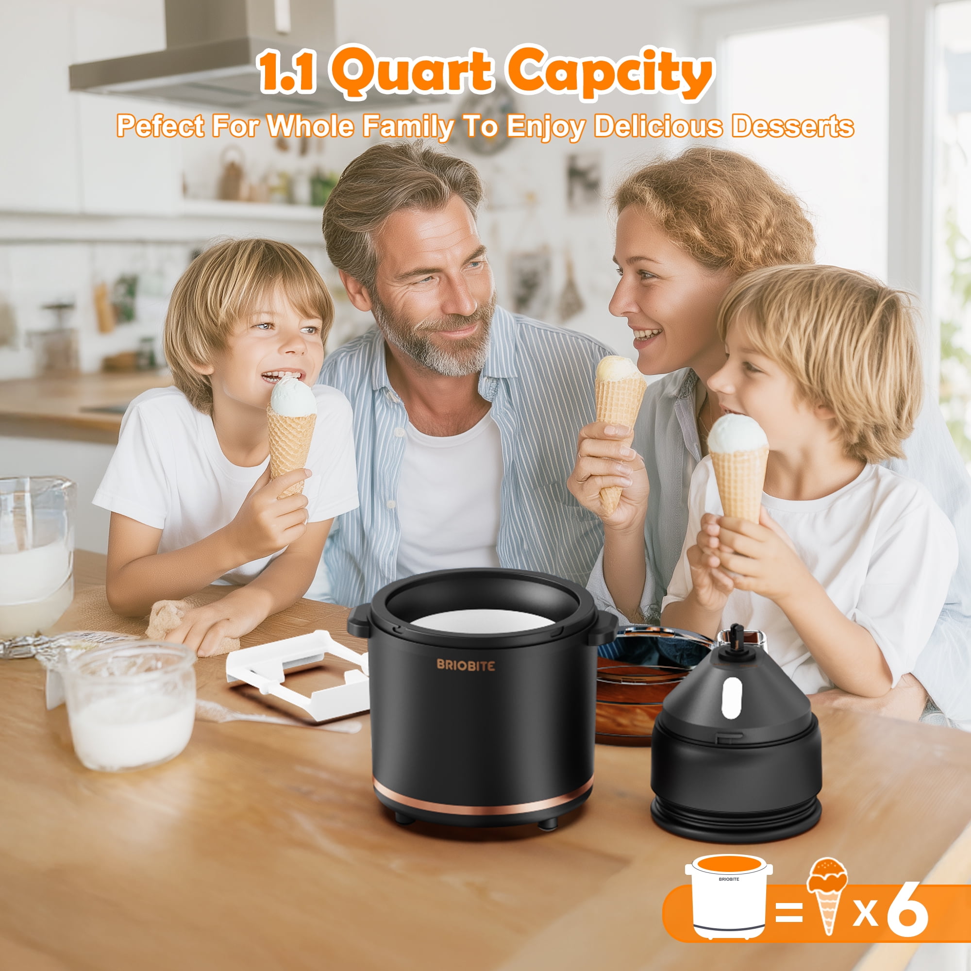 BRIOBITE 1.1 Quart Ice Cream Maker – Electric Ice Cream Machine for Gelato, Milkshakes & Sorbet,Perfect for 2-3 Servings, Easy to Use & Clean,Black