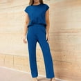 thumbnail image 3 of Women's Plus Size Two Piece Casual Sets Round Neck Cap Sleeve Tops with High Waist Straight Leg Pants Solid Trendy Sets Blue,XL, 3 of 5
