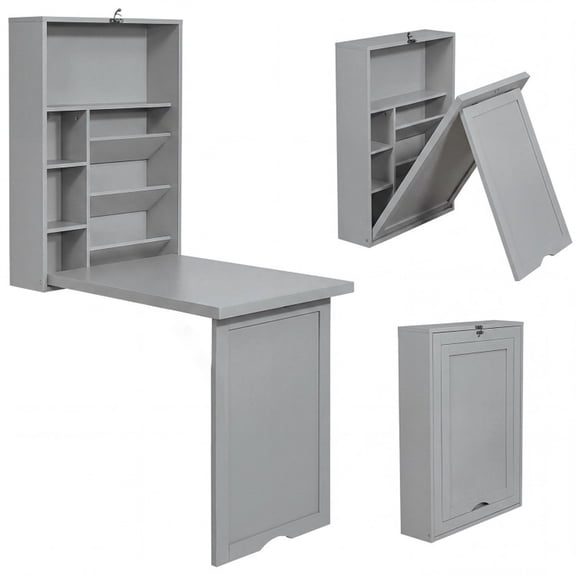 Furnibear Wall Mounted Fold Out Convertible Floating Desk Space Saver with Shelves for Small Spaces Home Office Study, Gray