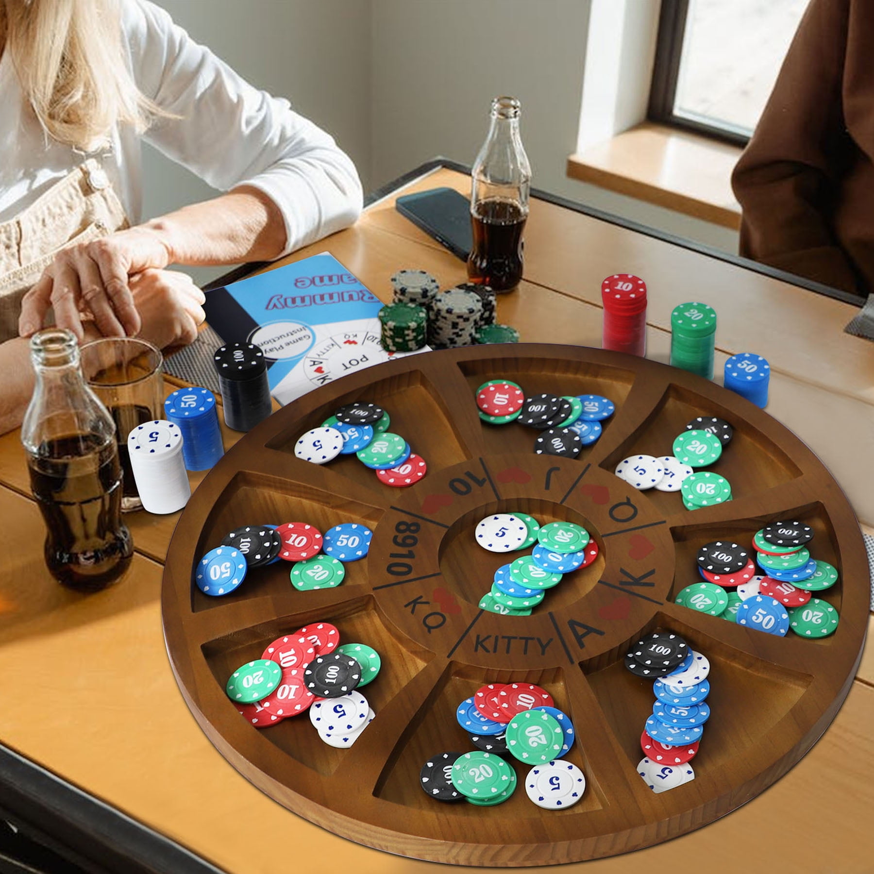 20 inches Michigan Rummy Game Deluxe Set Perfect Blend of A Royal Game of Hearts Rummy Poker Wooden Tripoley Board Game Betting Bluffing Game Classical Family Card Game for Adults 200 Chips