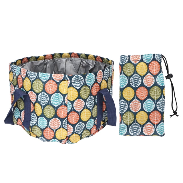 Cubo de agua para baño de pies plegable de poliéster resistente al agua con asa y cuerda, 21 l, diseño de hojas grandes