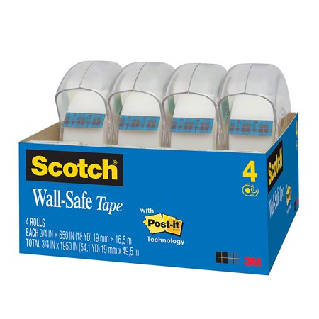 Scotch Wall-Safe Tape, Standard Width, Sticks Securely, Removes Cleanly, Matte Finish, Trusted Favorite, Engineered for Office and Home Use, 3/4 x 650 Inches, 4 Dispensered Rolls (4183) - 4 (Best Tape To Use On Walls)