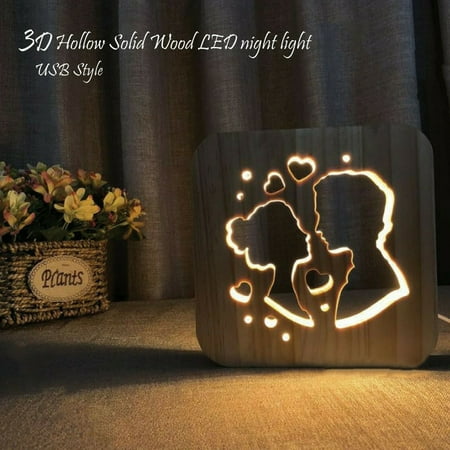 

LED Bedroom Wooden 3D Night Light Table Lamp USB Charging