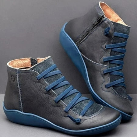

HRSR Leather Ankle Boots Autumn Vintage Lace Up Women Shoes Comfortable Flat Heel Boots Zipper Short Boot(Blue 41#)