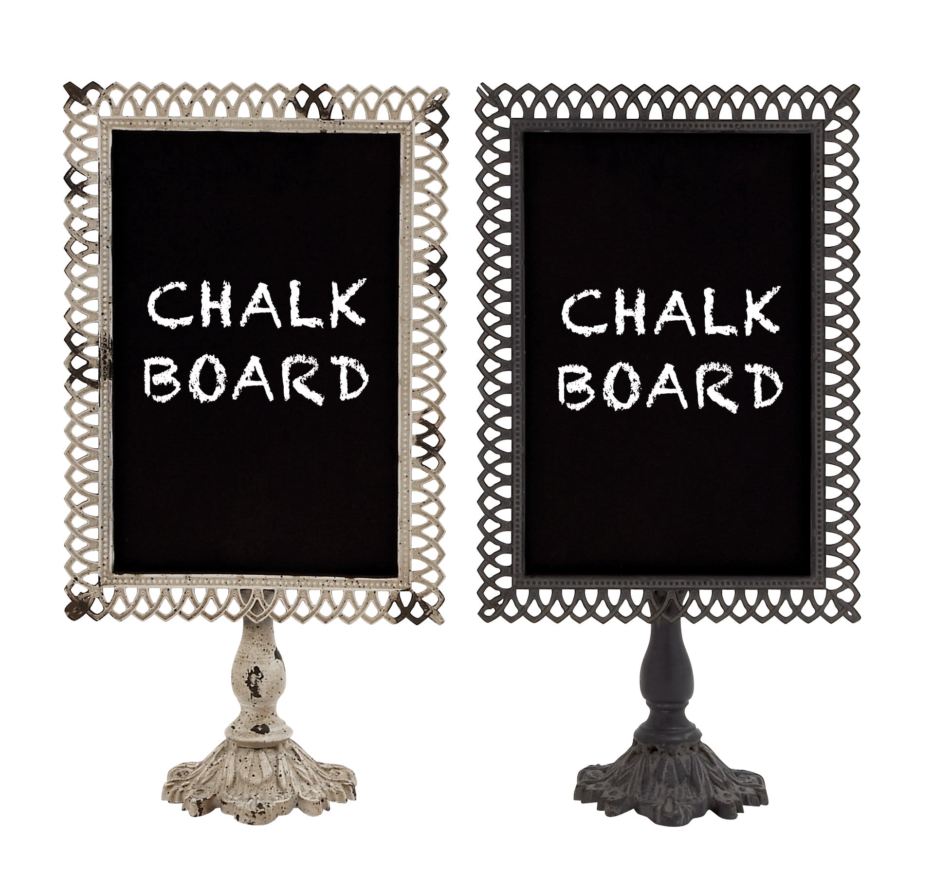 DecMode Set of 2 farmhouse 20 x 10 inch iron and black wood trellis design chalkboards with stand