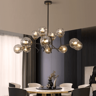 12 Light Black Chandelier with Globe Glass Shade Modern Pendant Light for Living Room