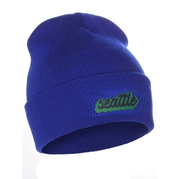 I&W Classic USA Cities Winter Knit Cuffed Beanie Hat 3D Raised Layer Letters, Seattle Royal, Green Navy