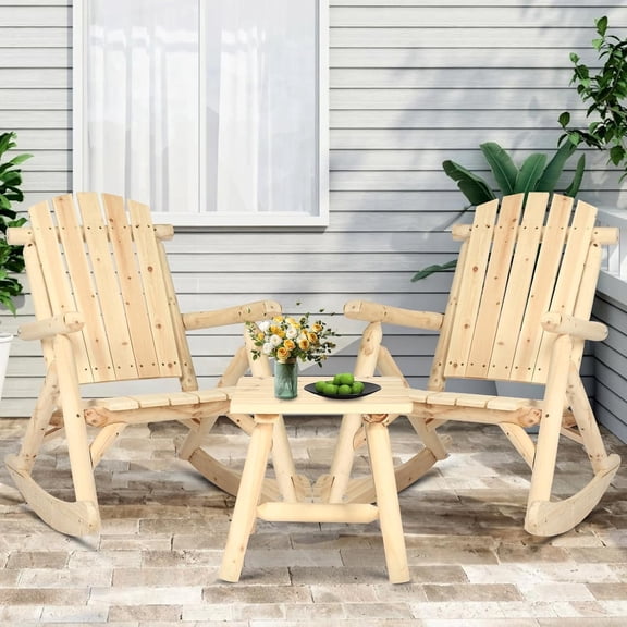 3-Piece Outdoor Wood Rocking Bistro Set, Rustic Adirondack Rocker Chair Set with High Back & Slatted Seat and Side Table, Patio Wooden Conversation Set for Indoor, Deck, Garden, Porch, Natural