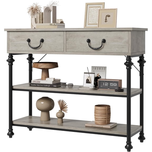 HELLONE 41" Console Table with 2 Drawers, 2-Tier Storage Shelves for Hallway, Entryway, Behind Couch, Grey