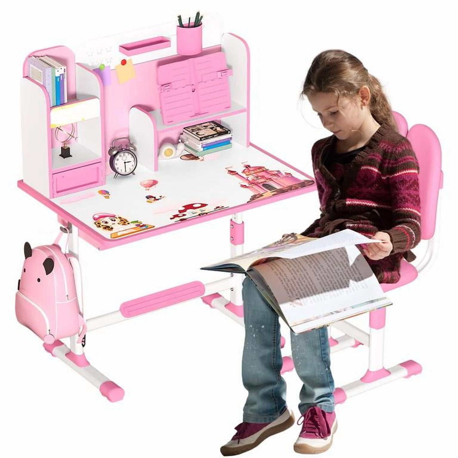 YNCE Desk for Kids, Kids Desk and Chair Set Height Adjustable for Girls, Kid Study Table and Chair Set with Widened Desktop Storage Drawer