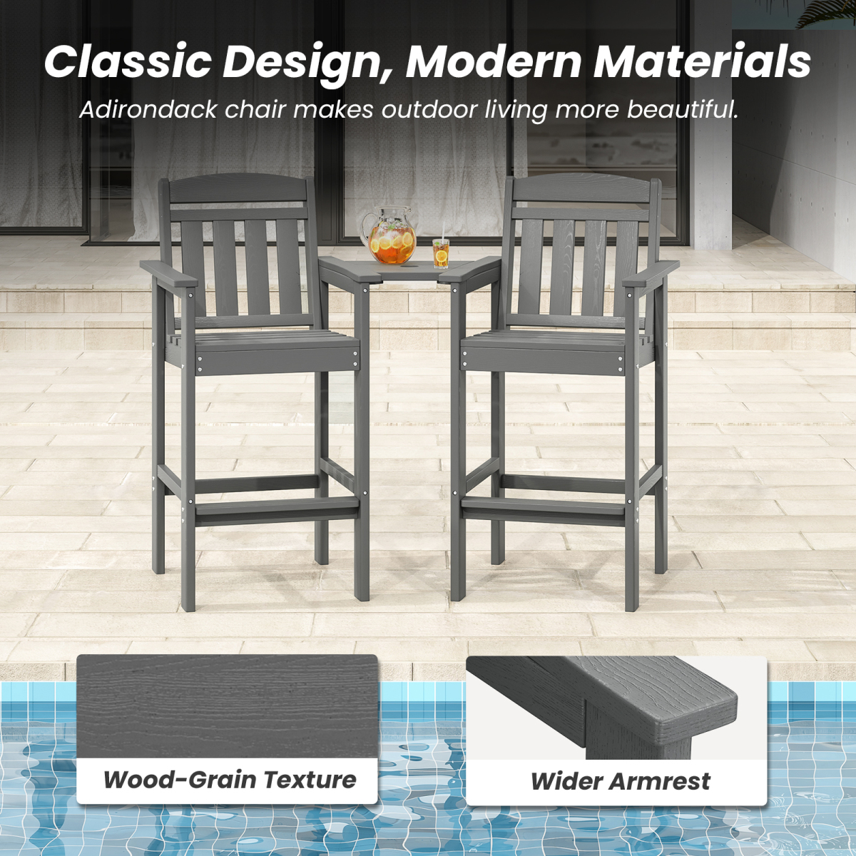 2-Pack Bar Height Adirondack Chairs - HDPE All Weather Patio Bar Stools with Connecting Tray, Ideal for Balcony, Poolside & Backyard