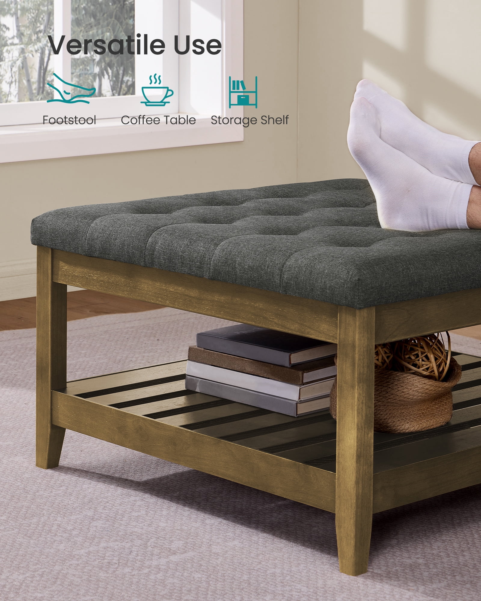 SONGMICS Storage Ottoman with Solid Wood Frame, Square Upholstered Ottoman, Tufted Cushion, Easy Assembly, 31.5 x 31.5 x 17.7 Inches, Slate Gray