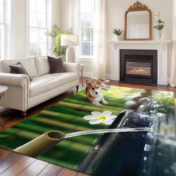 6'x9' Area Rugs, Zen Stones Water Flowing Indoor Outdoor Area Rug for Living Room Bedroom, Floral Green Forest Washable Bathroom Rugs Kitchen Floor Carpet Mats Home Decor Aesthetic