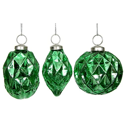 Green Mercury Glass Ornaments, Set of 3 Faceted Ornaments