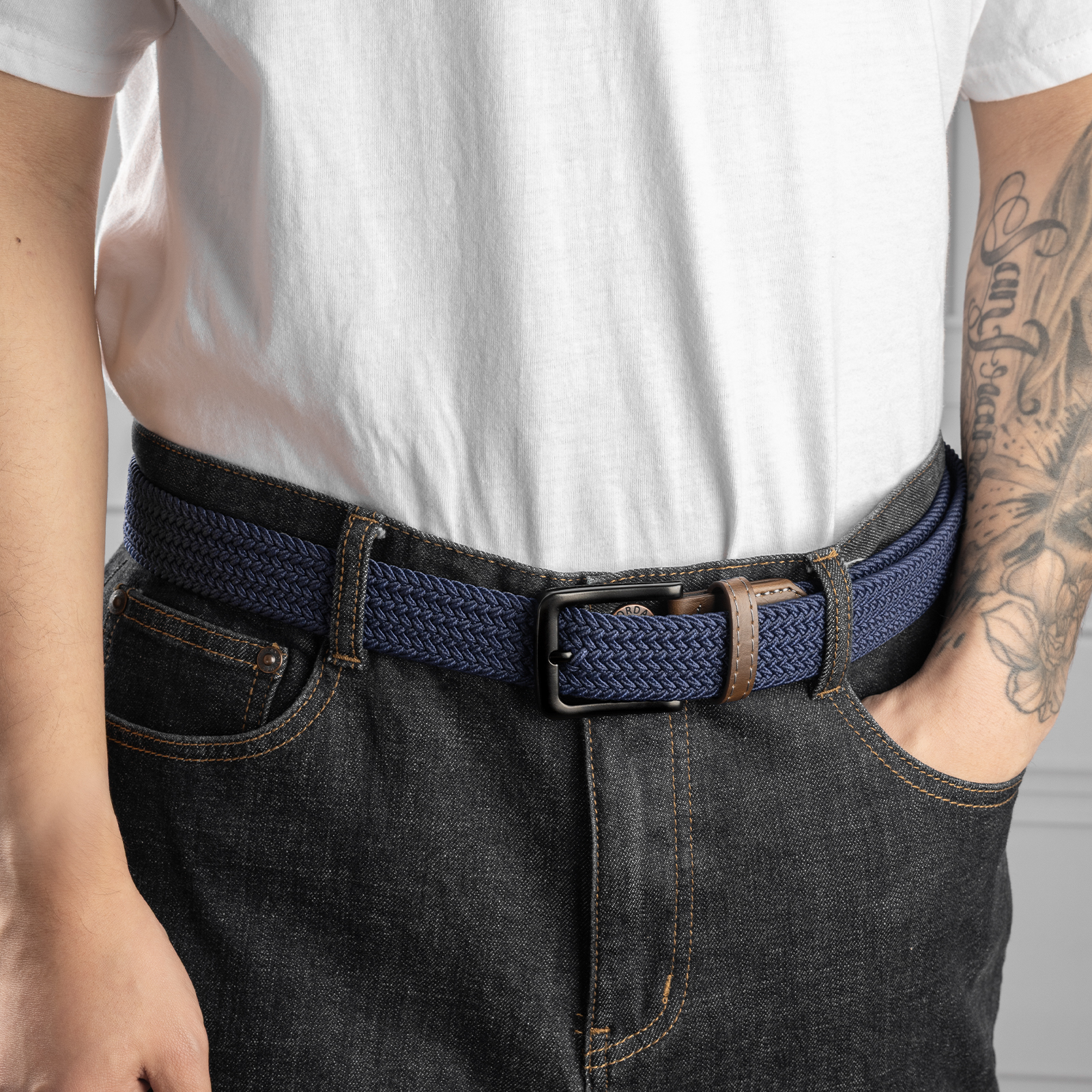 Maikun Men's Elastic Woven Belt, Braided Black and Blue photo 4