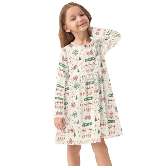 Girls Dress Soft Casual Long Sleeve Cute Dress for Girls Fashion Prints Seam Christmas Trees Crew Neck