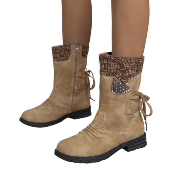 Willtoo Women's Mid Calf Snow Boots Plush Lined Round Toe Square Heel Outdoor Boots Non-Slip Back Lace Up Mid Calf Boots Comfortable Slip On Low Chunky Heel Snow Boots