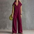 thumbnail image 5 of QIYAGBSA Jumpsuits for Women Cotton Linen Short Sleeve Zip Front Wide Leg with Pockets Soft Casual (Wine, M), 5 of 6