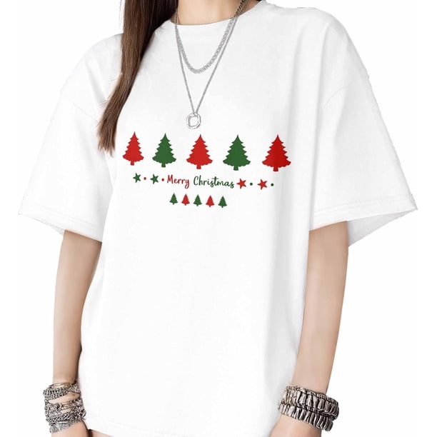 T Shirts for Womens Red Green Xmas Tree Short Sleeve Graphic Tees Loose Fit T-Shirt Cotton Casual Tops