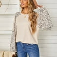 thumbnail image 4 of Blusa de mujer con cuello redondo y manga larga con estampado de leopardo y costuras de color caqui XL, 4 of 8