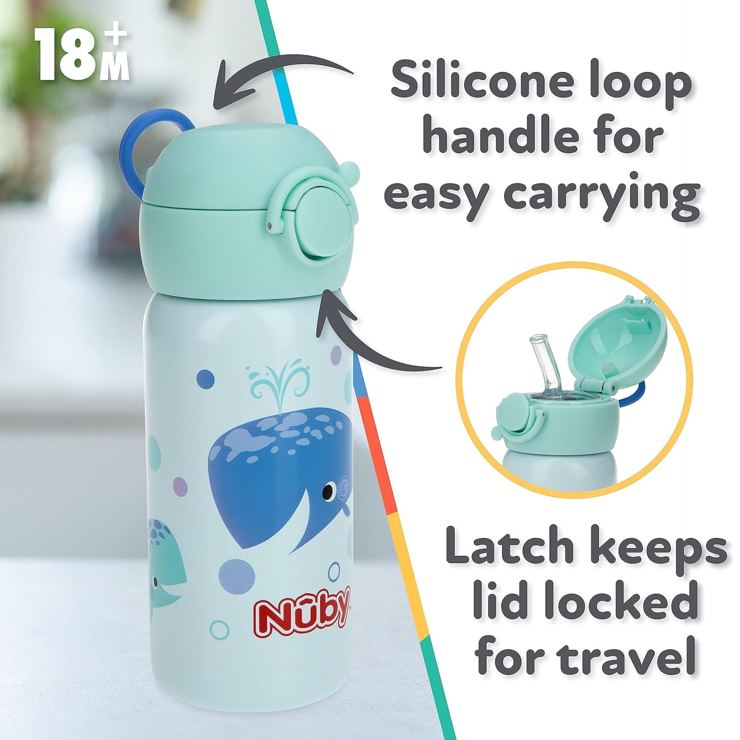 Nuby Thirsty Kids No-Spill Flip-It Active Stainless Steel Sippy Cup, 14 Oz, 18+ Months