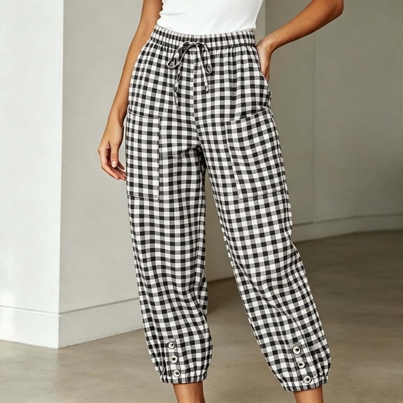 KIHOUT Womens Gingham Checkered Pants Elastic Waistband with Pockets Drawstring Casual Jogger Pants with Button Cuff Detail Loose Fit Long Trousers