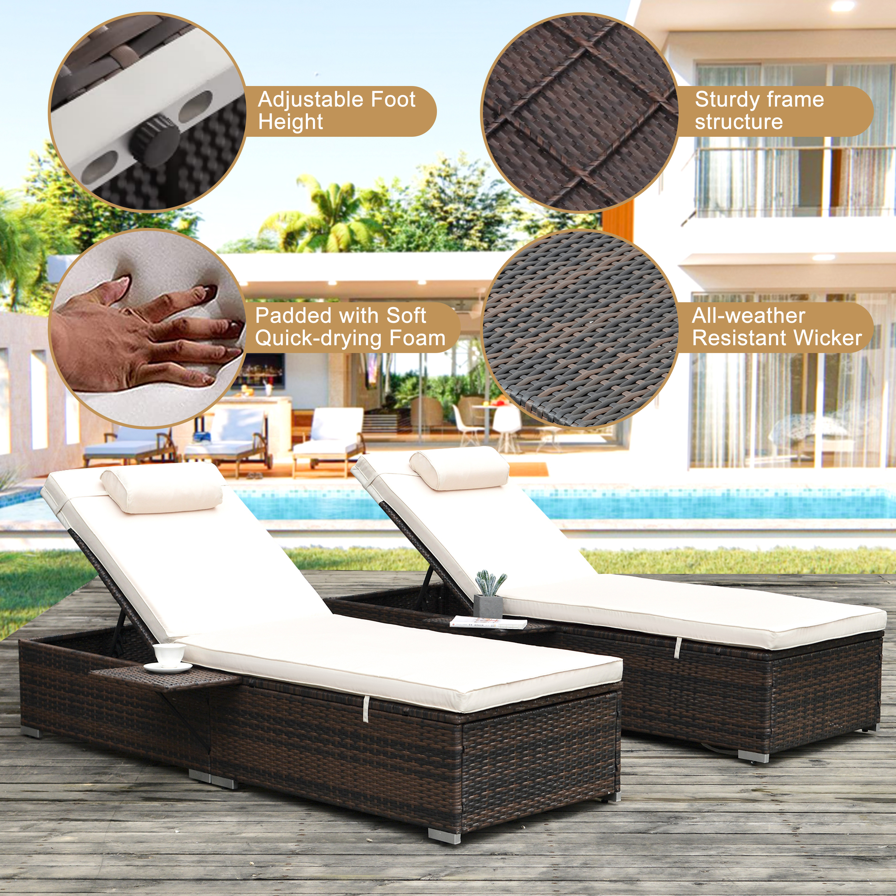 Outdoor Patio Lounge Furniture Set of 2, All-Weather Wicker Adjustable Backrest Recliners with Side Table, Pool Chaise Chairs Sets with Comfort Head Pillow, Glass Top Coffee Table, SS2349 - image 2 of 8