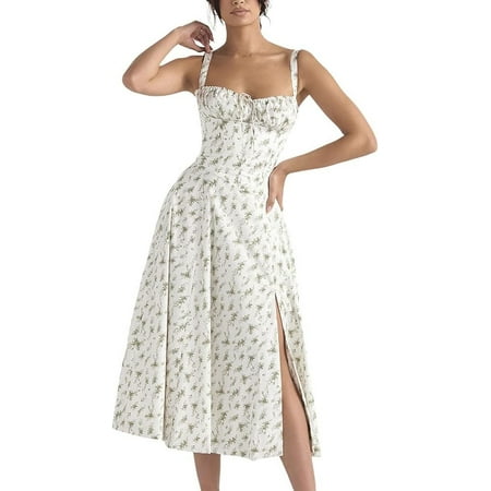 Women Floral Corset Dress  Boho Summer Spaghetti Straps Square Neck Casual Midi Dress Flowy Slit Bustier Dresses