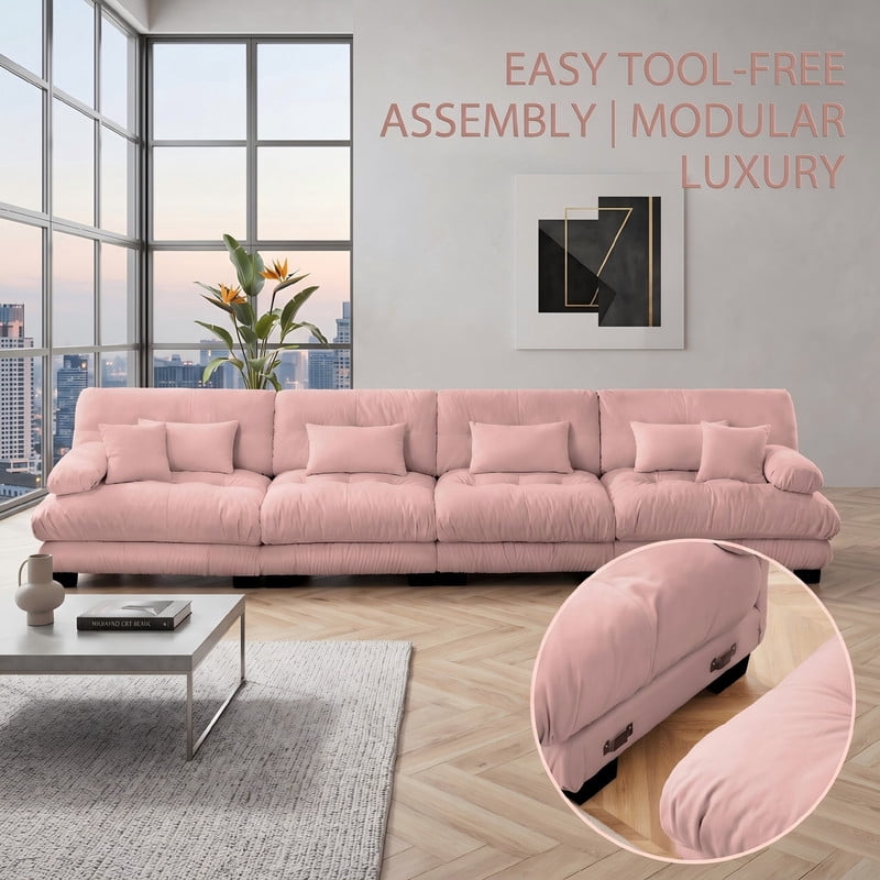 ANPPORT Cloud Couch Sleeper Sofa, Chenille Pink 4-Seater Modular Sofa, 4 Lumbar pillows, 2 Pillows, Comfy Deep Seat Cloud Sofa, Convertible L-Shaped Floor Couch for Living Room