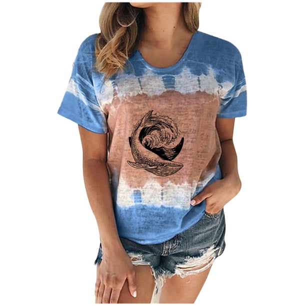 Top casual de manga corta para mujer con cuello redondo y estampado de degradado sexy de verano Fridja ghk4738