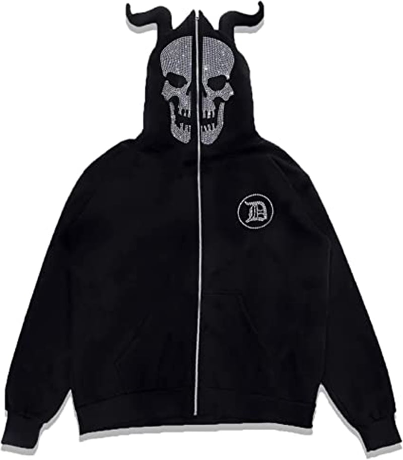 Y2k Full Zip Up Devil Horns Hoodie Over Face Rhinestone Skeleton Jacket  Harajuku Fashion Hooded Pullover Oversized Punk Sweatshirt - Walmart.com