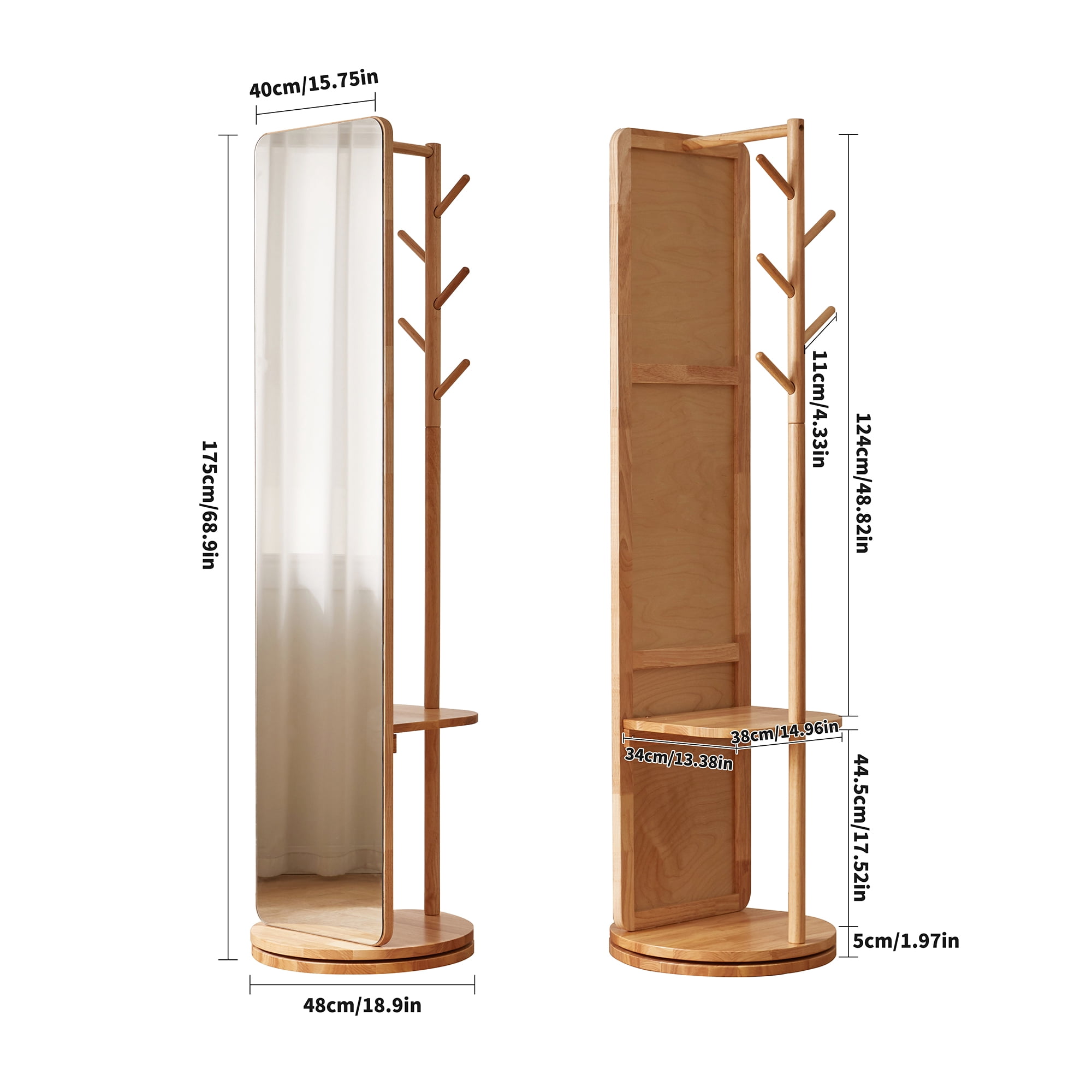 Miniyam Full Length Mirror with Coat Rack and Storage, 68.9" x 15.75" 360° Rotating Solid Wood Standing Mirror for Bedroom and Entryway, Natural