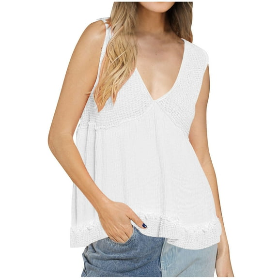Timegard Summer Tank Top for Women Deep V Neck Ruffle Ruched Tunic Top Dressy Causal Loose Beach Travel